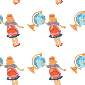 Childrens fashion school pattern. Back to school or kindergarten supplies seamless background. Hand drawn education elements design. Print for fabric, textile, wrapping paper.