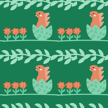 Childrens animals pattern of cute baby dinosaurs collection. For textile. Nursery design. Childrens dinosaurs background with tropical tree. Childish animals pattern, hand drawn elements.