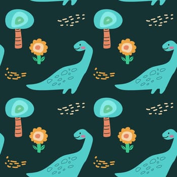 Childrens animals pattern of cute baby dinosaurs collection. For textile. Nursery design. Childrens dinosaurs background with tropical tree. Childish animals pattern, hand drawn elements.