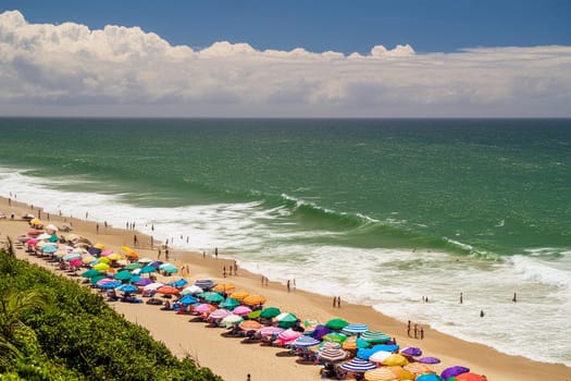 Aerial view of sandy beach with colorful umbrellas, swimming people in sea bay with transparent blue water in summer. Top view. Landscape.