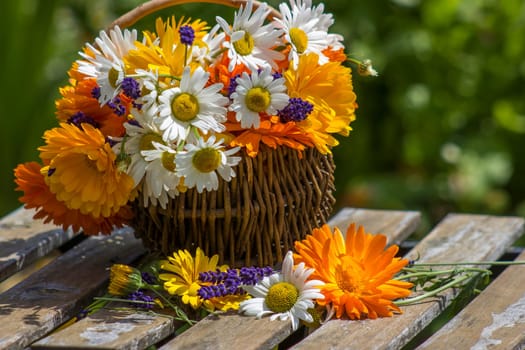 Beautiful fresh summer flowers in wicker basket on table against blurred floral background