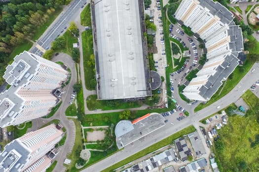 Top view of the city of Moscow, buildings and roads and other infrastructure of the city. Cityscape view from above.