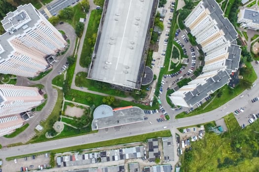 Top view of the city of Moscow, buildings and roads and other infrastructure of the city. Cityscape view from above.