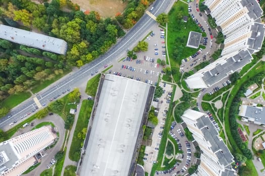 Top view of the city of Moscow, buildings and roads and other infrastructure of the city. Cityscape view from above.