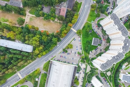 Top view of the city of Moscow, buildings and roads and other infrastructure of the city. Cityscape view from above.