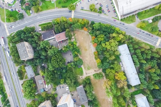 Top view of the city of Moscow, buildings and roads and other infrastructure of the city. Cityscape view from above.