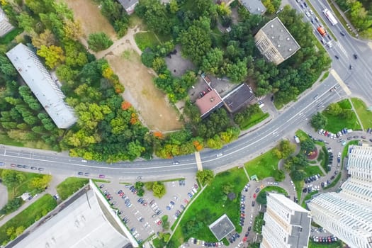 Top view of the city of Moscow, buildings and roads and other infrastructure of the city. Cityscape view from above.