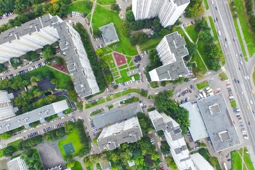 Top view of the city of Moscow, buildings and roads and other infrastructure of the city. Cityscape view from above.