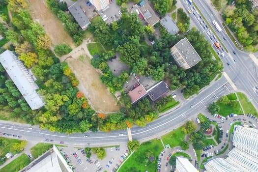 Top view of the city of Moscow, buildings and roads and other infrastructure of the city. Cityscape view from above.