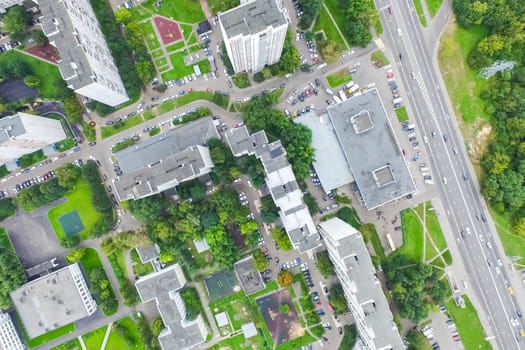 Top view of the city of Moscow, buildings and roads and other infrastructure of the city. Cityscape view from above.