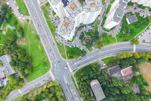 Top view of the city of Moscow, buildings and roads and other infrastructure of the city. Cityscape view from above.