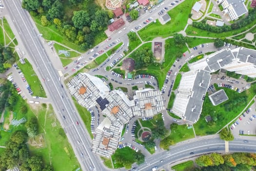 Top view of the city of Moscow, buildings and roads and other infrastructure of the city. Cityscape view from above.