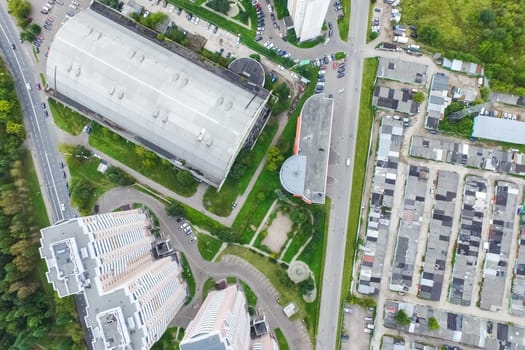 Top view of the city of Moscow, buildings and roads and other infrastructure of the city. Cityscape view from above.