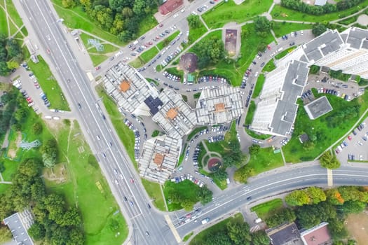 Top view of the city of Moscow, buildings and roads and other infrastructure of the city. Cityscape view from above.