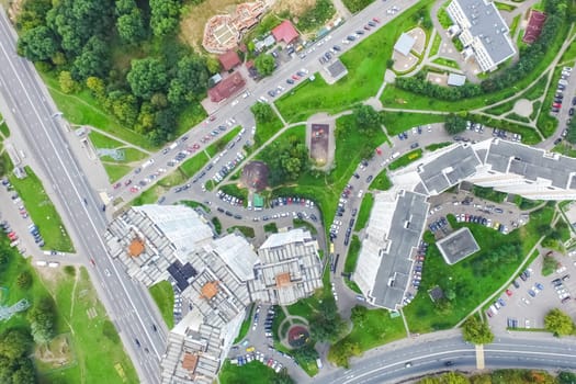 Top view of the city of Moscow, buildings and roads and other infrastructure of the city. Cityscape view from above.