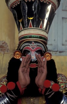 a Artist of a Kathakali Dance Group at a authentic training in the city of Kochi or Cochin in the Province Kerala in India.  India, Cochin, April, 1998