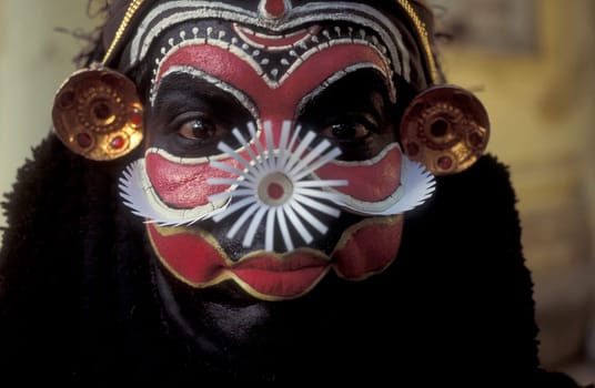 a Artist of a Kathakali Dance Group at a authentic training in the city of Kochi or Cochin in the Province Kerala in India.  India, Cochin, April, 1998