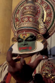 a Artist of a Kathakali Dance Group at a authentic training in the city of Kochi or Cochin in the Province Kerala in India.  India, Cochin, April, 1998
