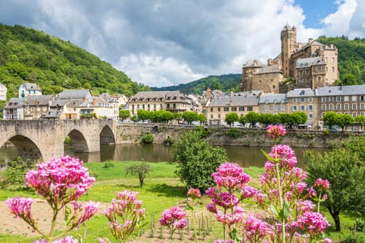 Estaing village, his castle and his medieval bridge over Lot river photographed in Aveyron, promoted by the most beautiful villages of France association