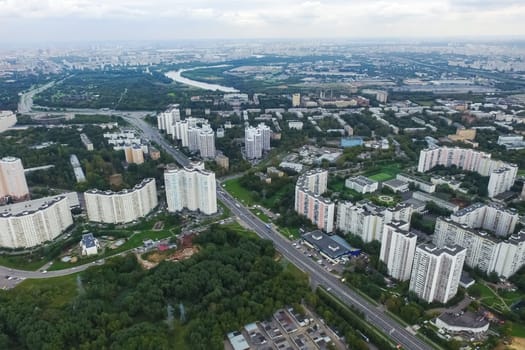 Top view of the city of Moscow, buildings and roads and other infrastructure of the city. Cityscape view from above.