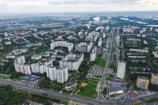 Top view of the city of Moscow, buildings and roads and other infrastructure of the city. Cityscape view from above.