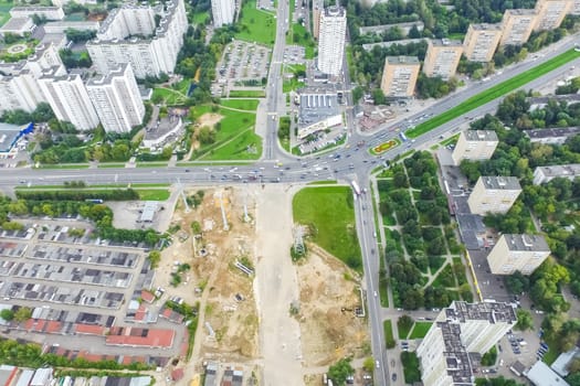 Top view of the city of Moscow, buildings and roads and other infrastructure of the city. Cityscape view from above.