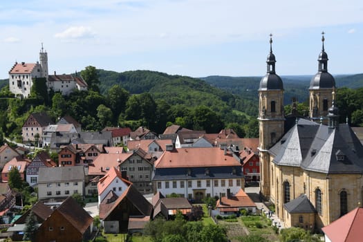 Panoramic view over the pilgrimage site 91327 Gößweinstein in the Franconian Switzerland,Middle Franconia,Bavaria,Germany,Europe with the Holy Trinity Basilica and the castle in the district of Forchheim