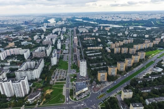 Top view of the city of Moscow, buildings and roads and other infrastructure of the city. Cityscape view from above.