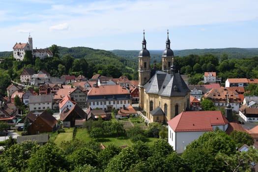 Panoramic view over the pilgrimage site 91327 Gößweinstein in Franconian Switzerland,Middle Franconia,Bavaria,Germany,Europe with the Holy Trinity Basilica and the castle and Marienkapelle Goessweinstein