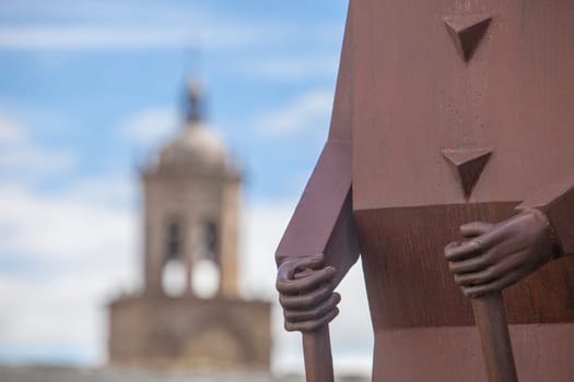 Gares, Spain - March 30, 2024: Layas runner sculpture. Puente La Reina, Navarre, Spain. Sculpted by Felix Lizarraga Araiz, 2021