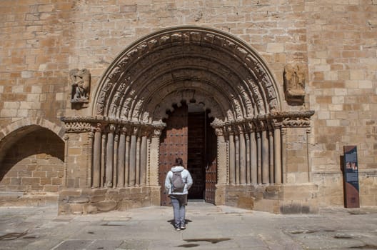 Gares, Spain - March 30, 2024: Church of Santiago, Puente La Reina, Navarre, Romanesque Portico