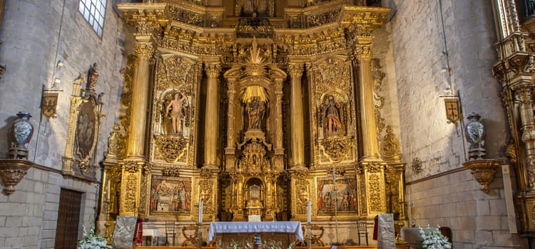 Gares, Spain - March 30, 2024: Church of Santiago, Puente La Reina, Navarre, Spain. Main nave