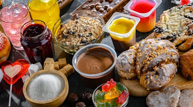 Food products containing a significant amount of sugar. Junk food.