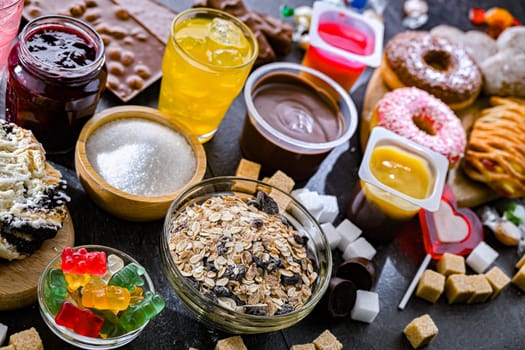 Food products containing a significant amount of sugar. Junk food.