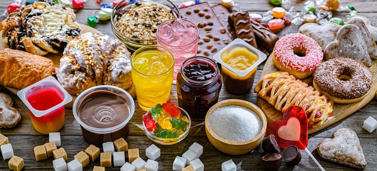 Food products containing a significant amount of sugar. Junk food.