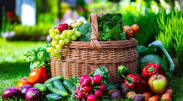 Wicker basket with vegetables and fruits in the garden. Balanced diet