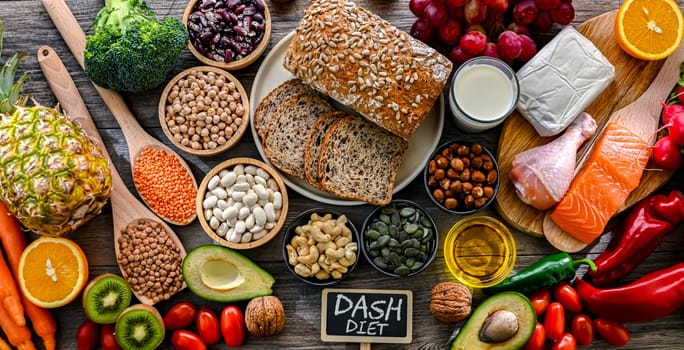 Food products representing the DASH diet which was created to help lower high blood pressure