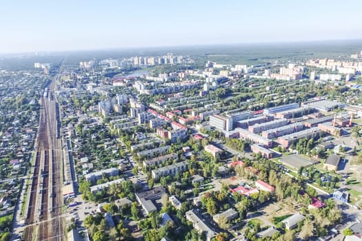 Top view of the city of Moscow, buildings and roads and other infrastructure of the city. Cityscape view from above.