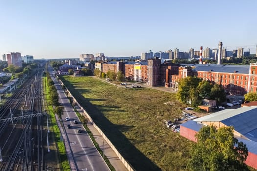 Top view of the city of Moscow, buildings and roads and other infrastructure of the city. Cityscape view from above.