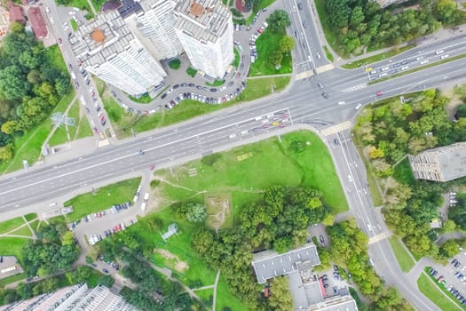 Top view of the city of Moscow, buildings and roads and other infrastructure of the city. Cityscape view from above.