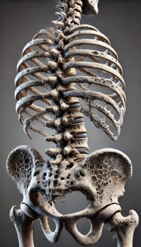 This AI-generated image shows a human skeleton with osteoporosis from a different perspective, highlighting the porous structure of the hip bone and spine.