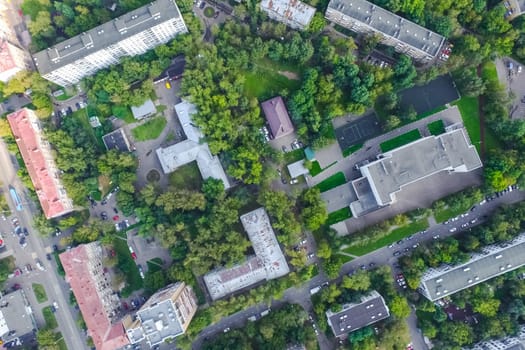 Top view of the city of Moscow, buildings and roads and other infrastructure of the city. Cityscape view from above.