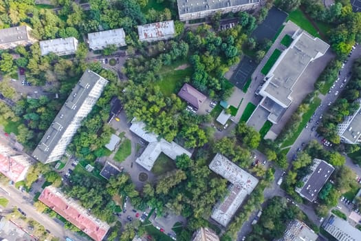 Top view of the city of Moscow, buildings and roads and other infrastructure of the city. Cityscape view from above.