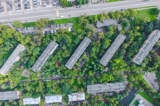 Top view of the city of Moscow, buildings and roads and other infrastructure of the city. Cityscape view from above.