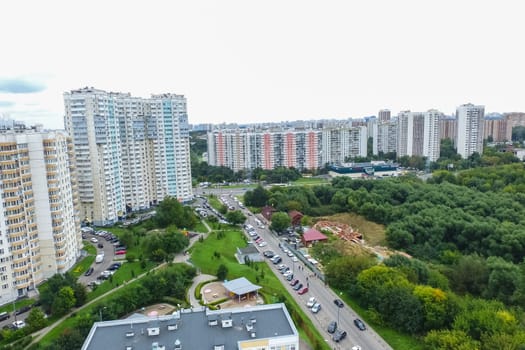 Top view of the city of Moscow, buildings and roads and other infrastructure of the city. Cityscape view from above.