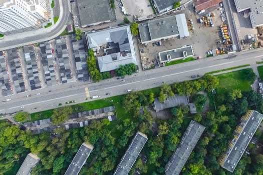 Top view of the city of Moscow, buildings and roads and other infrastructure of the city. Cityscape view from above.