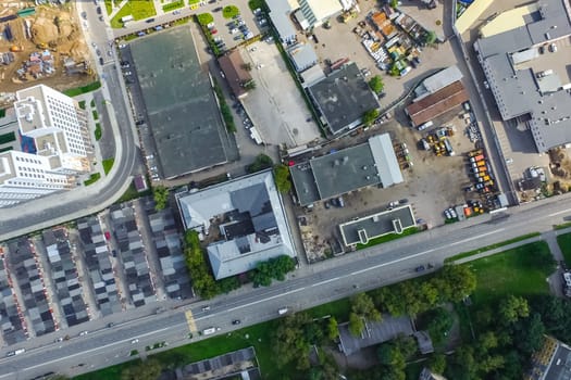 Top view of the city of Moscow, buildings and roads and other infrastructure of the city. Cityscape view from above.
