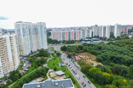 Top view of the city of Moscow, buildings and roads and other infrastructure of the city. Cityscape view from above.