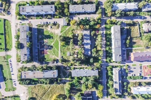 Top view of the city of Moscow, buildings and roads and other infrastructure of the city. Cityscape view from above.