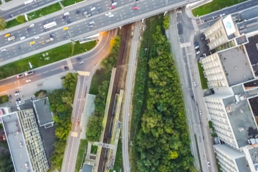 Top view of the city of Moscow, buildings and roads and other infrastructure of the city. Cityscape view from above.
